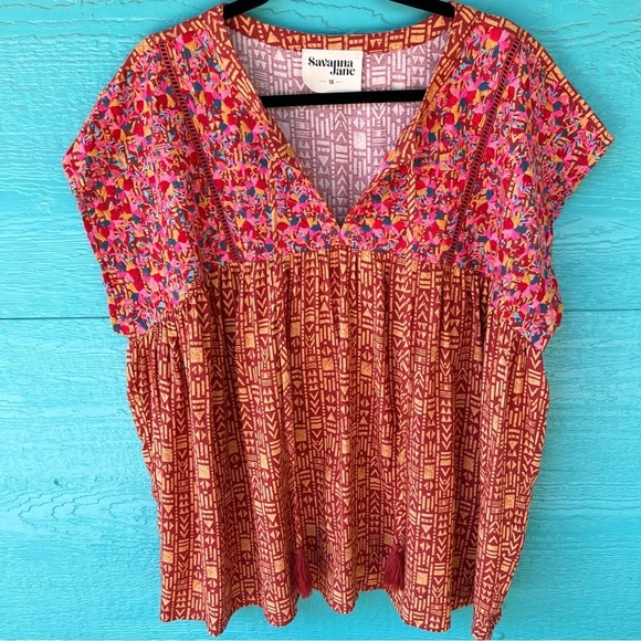 SAVANNA JANE EMBROIDERED BOHO TOP V- NECK SHOULDER SLEEVES SIZE 1X - Picture 11 of 12